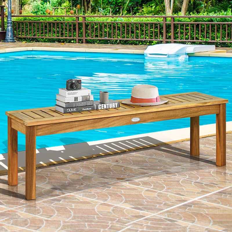 Costway 1/2 PCS 52" Outdoor Acacia Wood Dining Bench Chair with - 1 PCS - 1 PCS - Teak Color