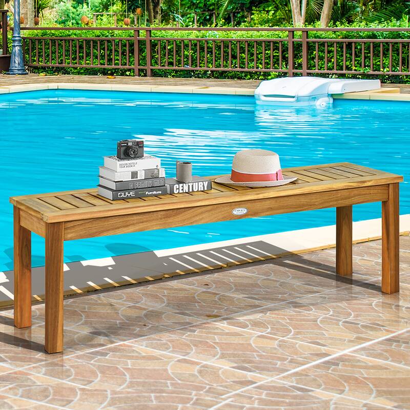 Costway 2Pcs 52'' Outdoor Acacia Wood Dining Bench Chair with Slatted - See Description - See Description - Almond