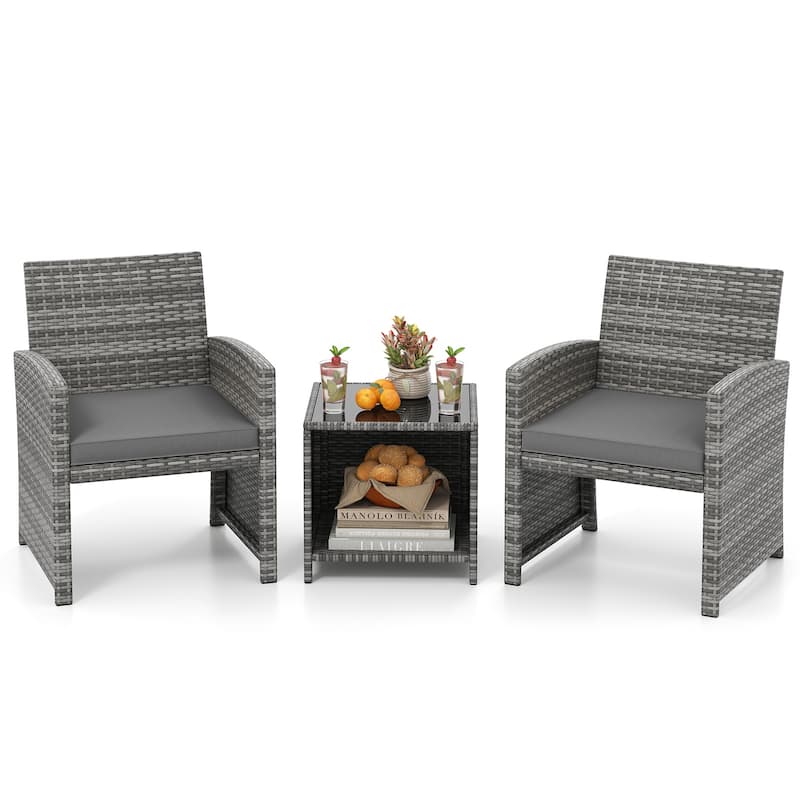 Gymax 3 Pieces Patio Furniture Set PE Rattan Chairs Set w/ Storage