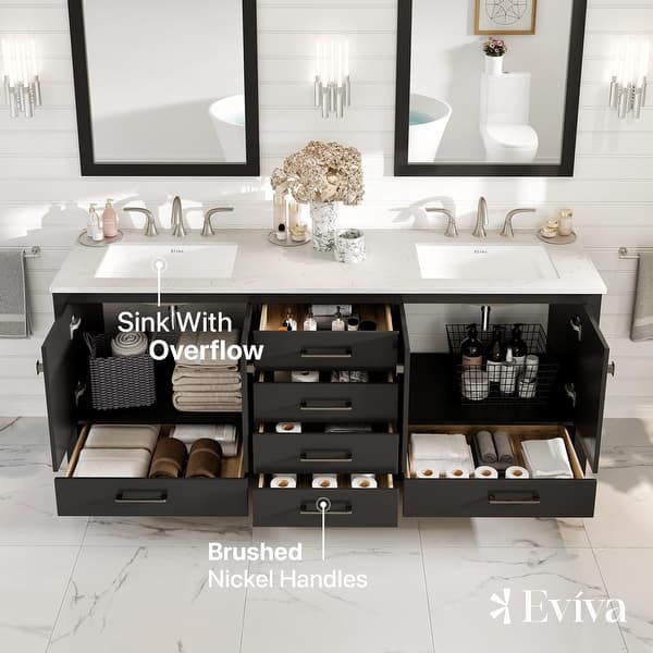 Eviva Aberdeen 78 in. W x 22 in. D x 34 in. H Double Bath Vanity in White with Carrara Quartz Top with White Sinks
