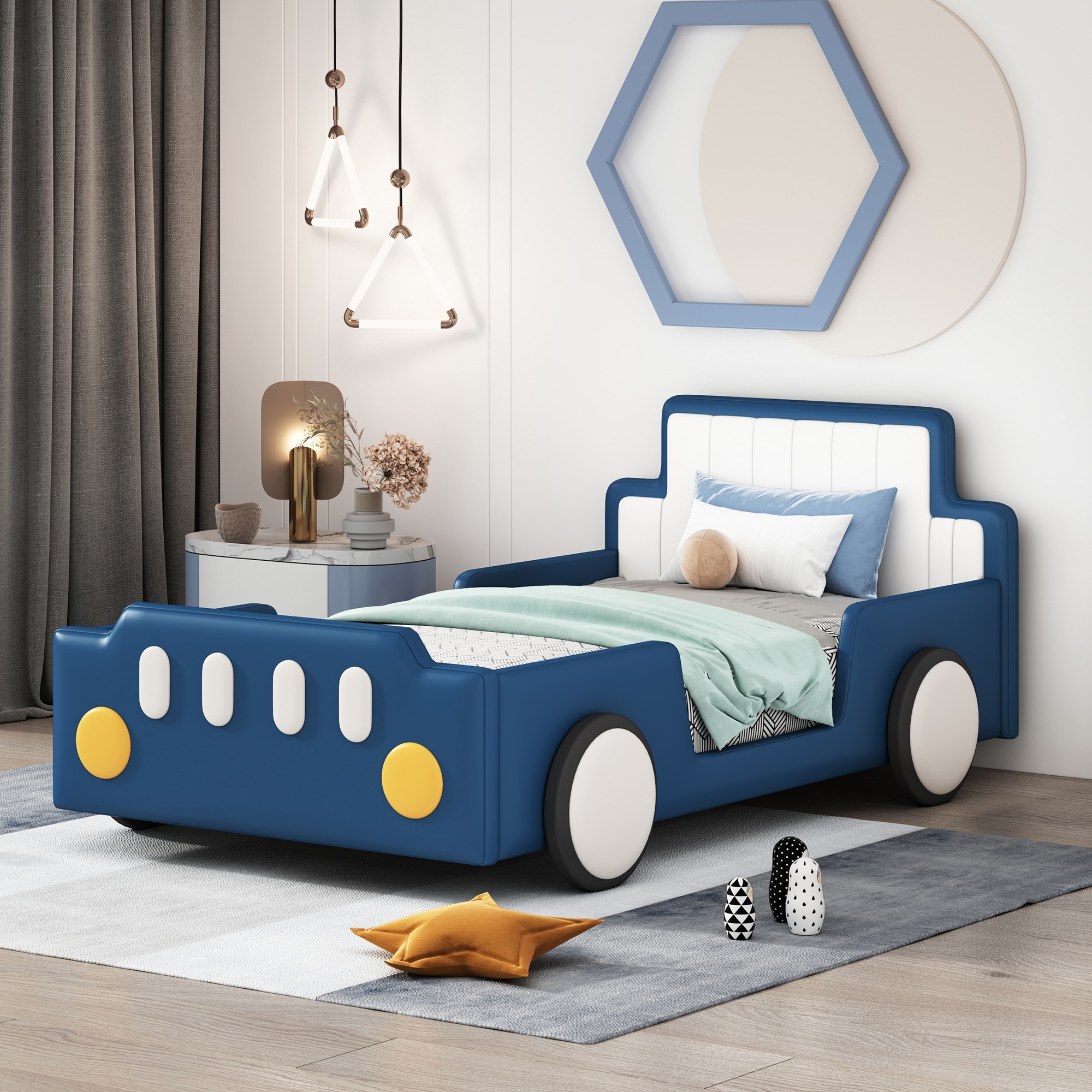 Blue Upholstered Bed with Race Car-shaped Frame and Wheels for Toddler  Children Bed Stripe Tufted Headboard Wingback Bed, Twin, image size:2000x2000