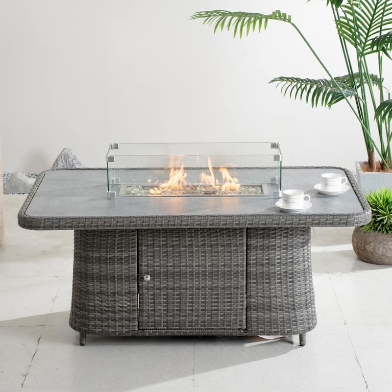 50,000 BTU Adjustable Height Aluminum Propane Fire Pit Table with Faux Stone Glass Top and Wind Guard