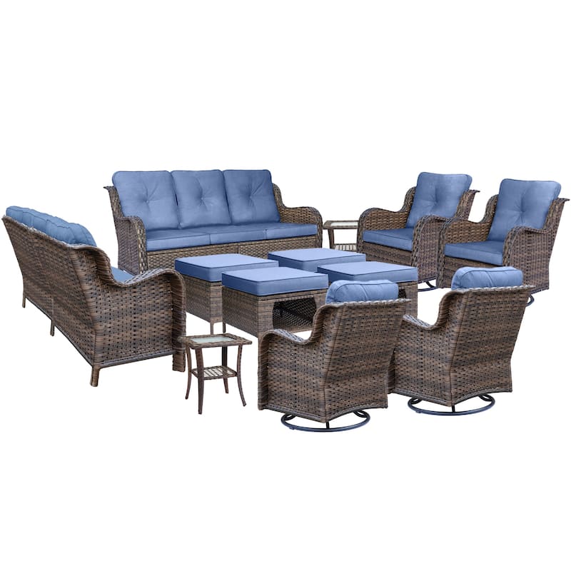 12 Piece Outdoor Wicker Patio Furniture Seating Set with Swivel Chairs