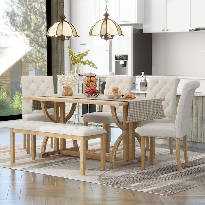 6-Piece Retro Dining Table Set, Dining Room Set, Rectangular Table with ...