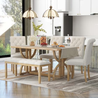 Retro 6-Piece Wooden Dining Table Set with 4 Tufted Chairs & Bench