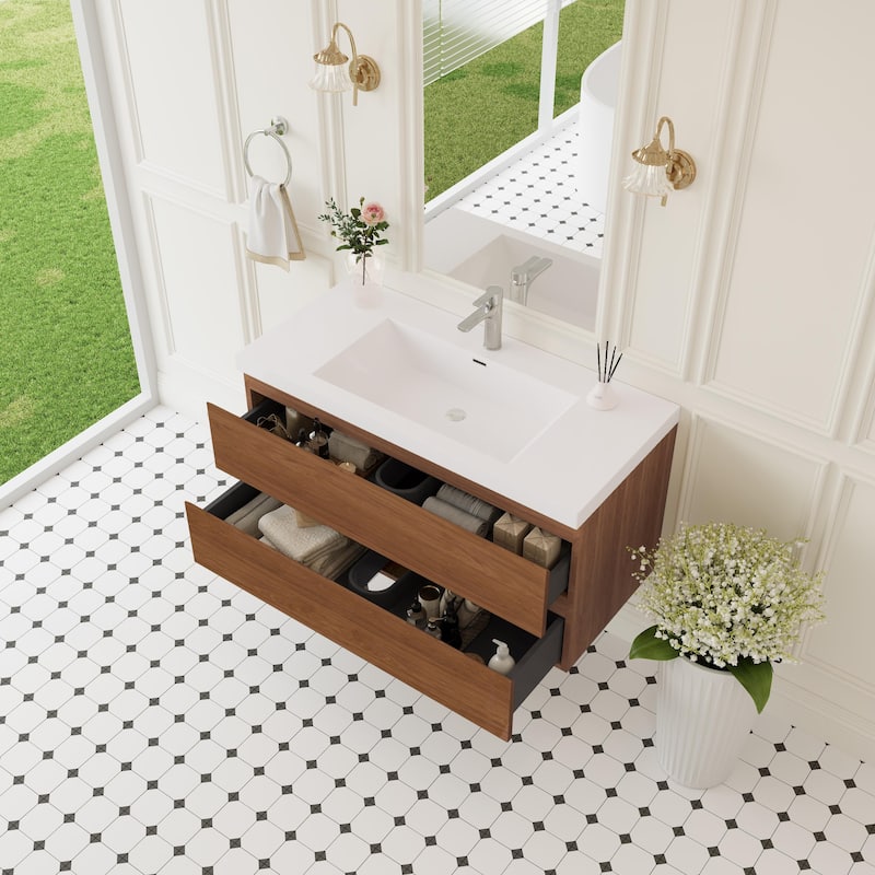 GDFStudio - Benjamin Modern Floating Bathroom Vanity with Integrated Resin Sink and Soft-Close Storage Drawers
