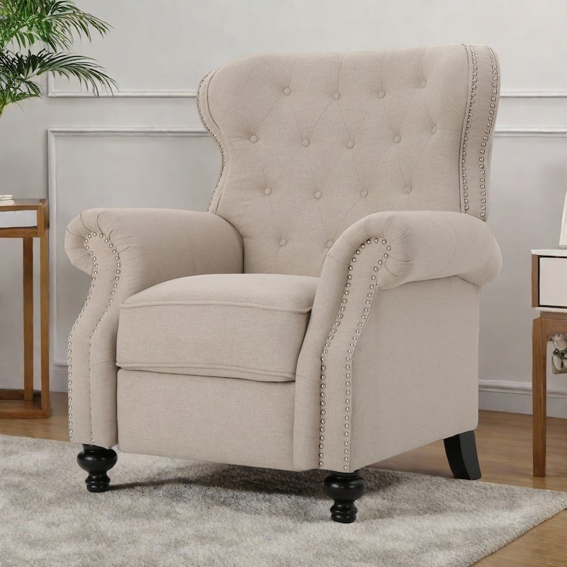 Tufted Recliner Chair - Diamond Stitch Backrest, Nailhead Trim and Rolled Arms  - Wheat