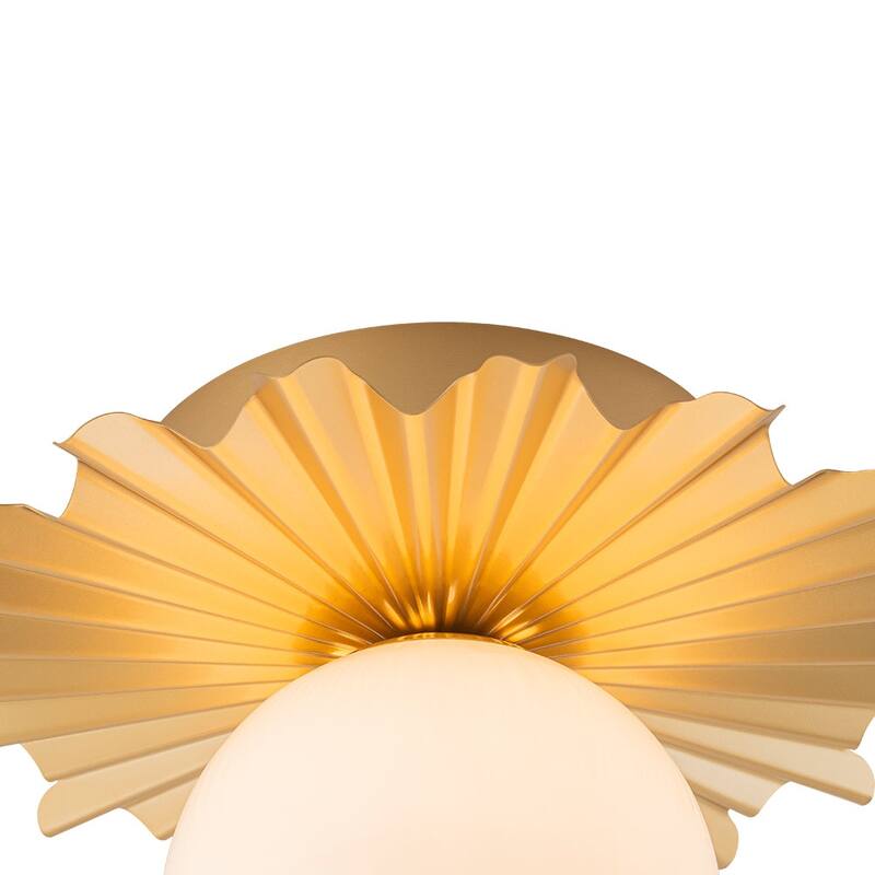 Art Deco Gold Sunburst 1-Light Milky Glass Globe Semi Flush Mount
