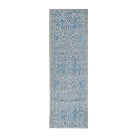 Shahbanu Rugs Blue Fine Broken Cypress Tree Design Wool And Art Silk Runner Thick Hand Loomed Oriental Rug (2'5" x 8'0")