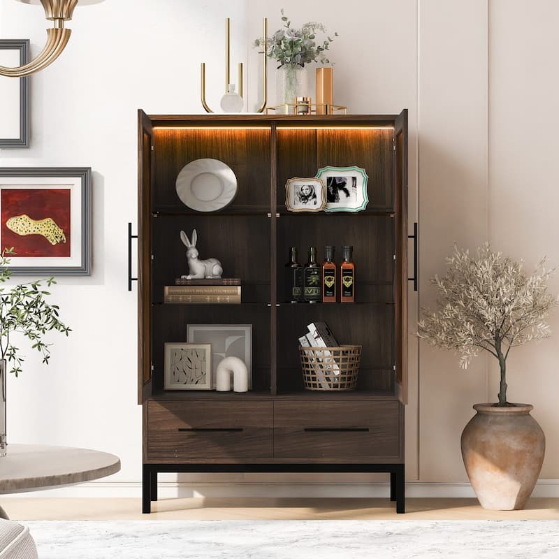 60"Hx39.5"W Lighted Display Cabinet with Glass Doors & LED Lighting Bookshelf Buffet