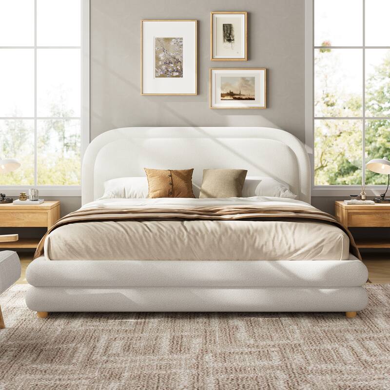 Christopher Knight Home - Camellia Modern Boucle Upholstered Bed Frame with Thick Curved Headboard and Wood Legs - White - Queen