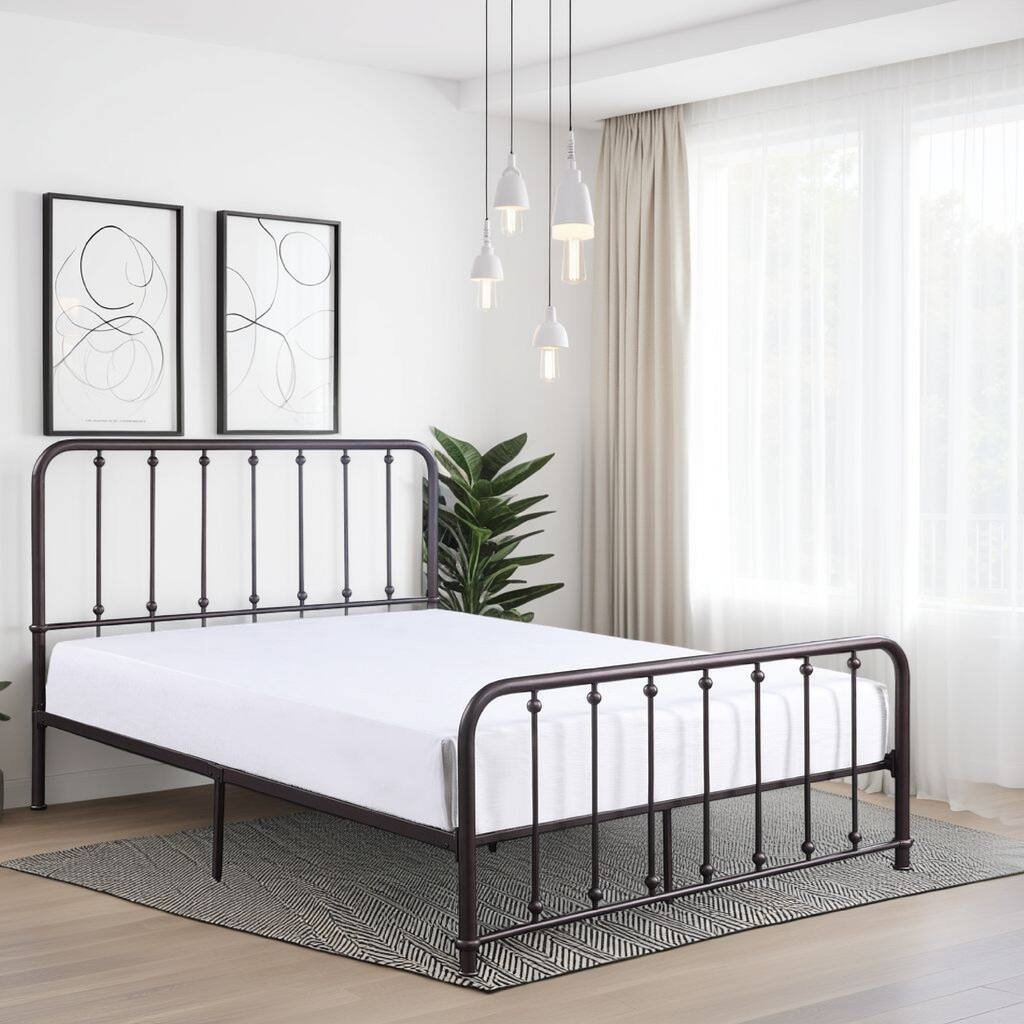 Ken Twin Size Metal Bed, Ball Accents on Vertical Slats, Antique Bronze