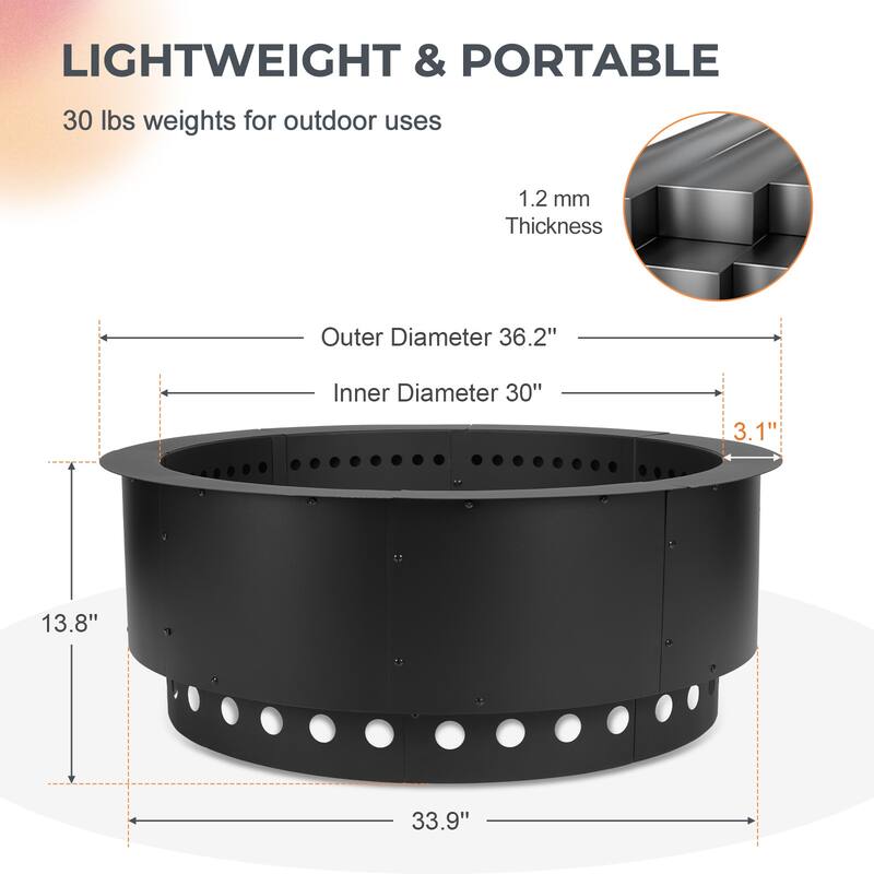 Aoodor Round Smokeless Fire Pit Ring, 36 Inch Double Layer Heavy Duty Metal Fire Pit Insert Liner - 36-inch