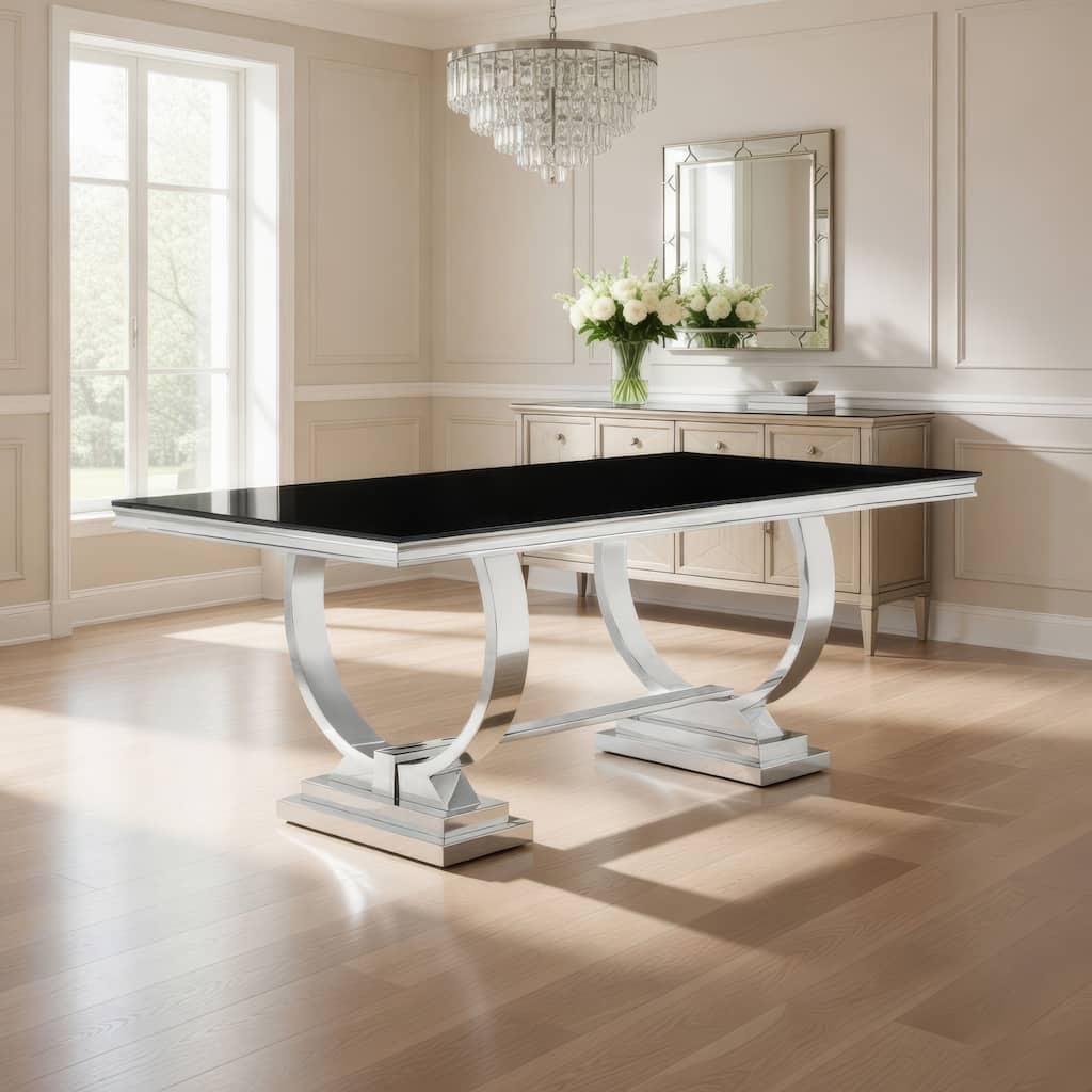Dining Table with Glass Top and Trestle Base, Black and Chrome