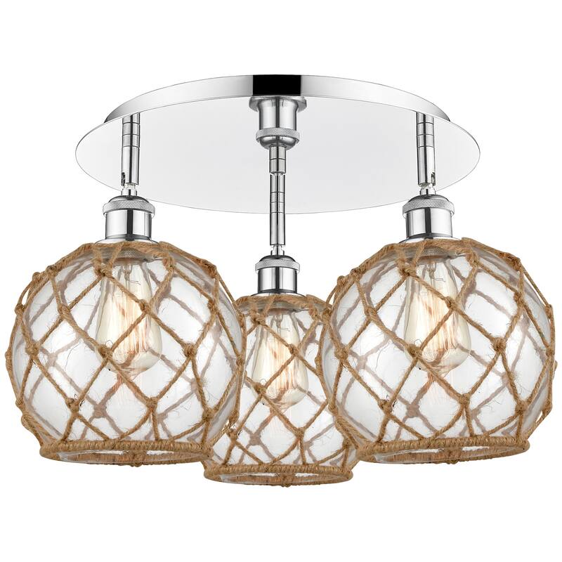 Innovations Lighting 516-3C-12-20 Farmhouse Rope Semi-Flush Farmhouse - Polished Chrome / Clear Glass with Brown Rope
