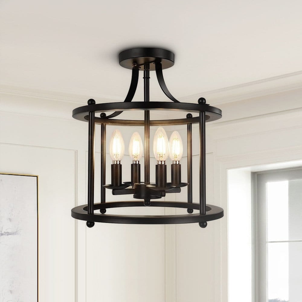 4-light Lantern Semi Flush Mount - 12" Cage, Farmhouse Matte Black