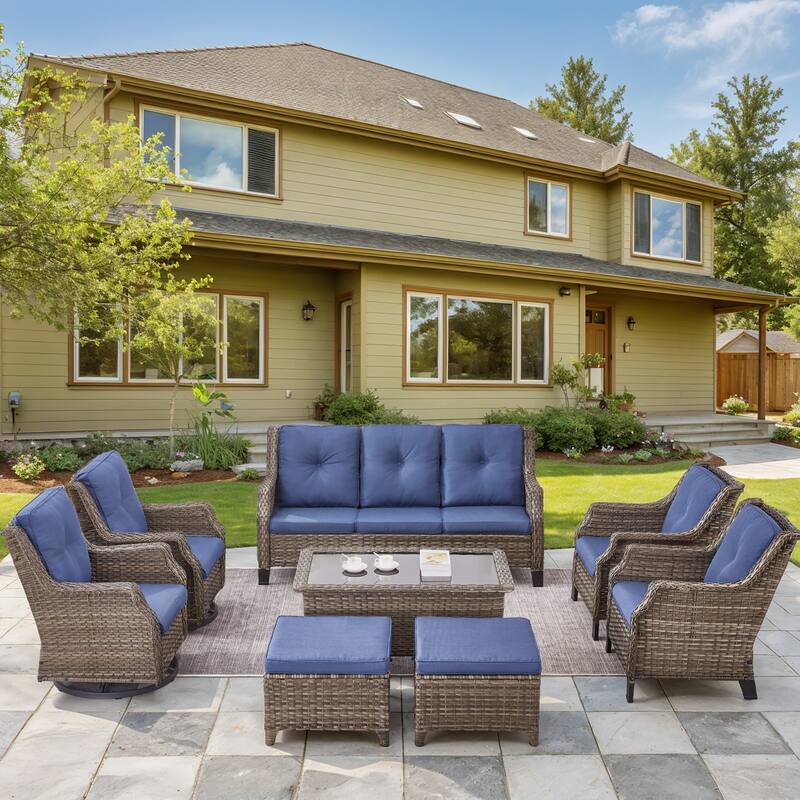 All Weather Wicker Set with Swivel Chair Ottomans - Grey - Blue - Grey