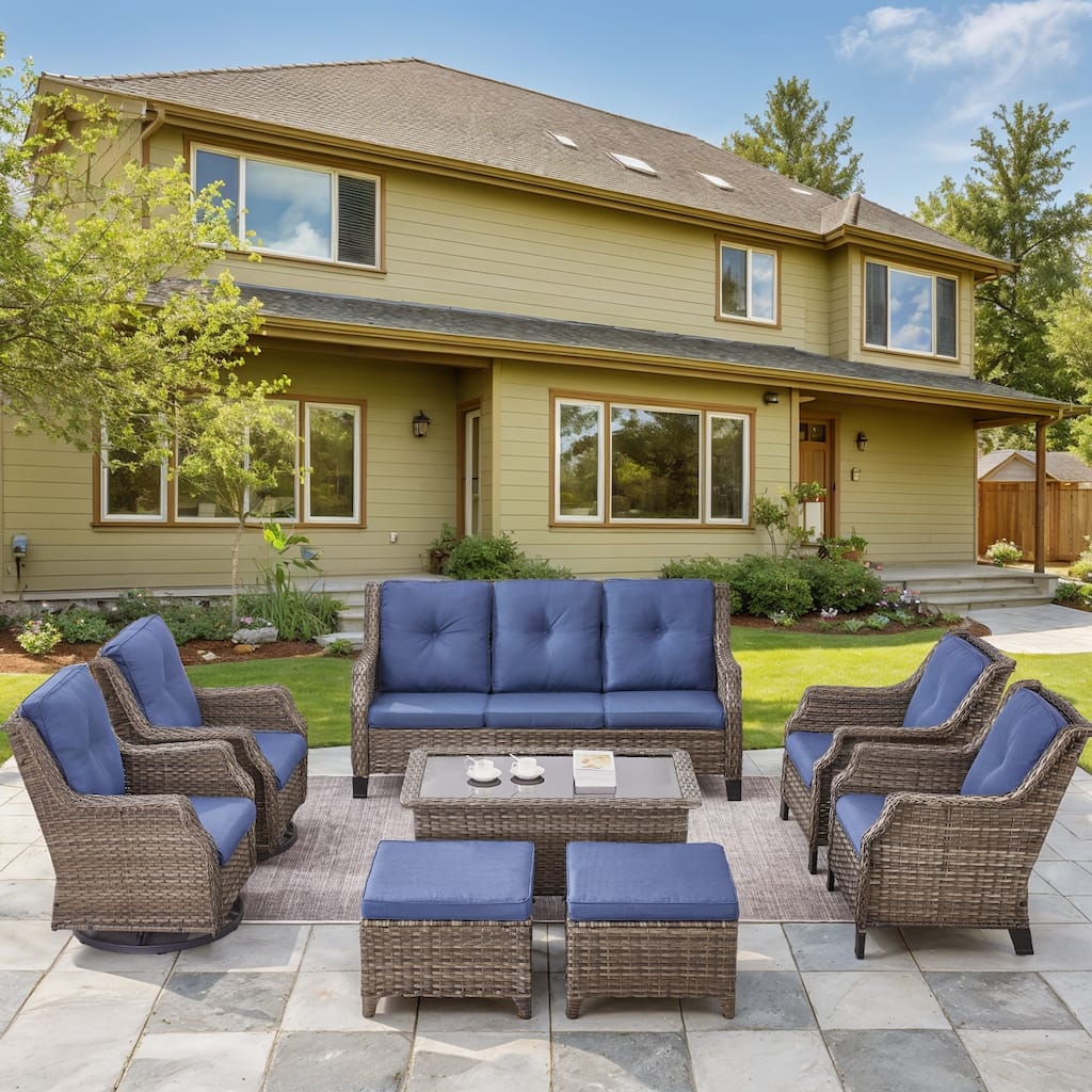 All Weather Wicker Set with Swivel Chair Ottomans - Grey
