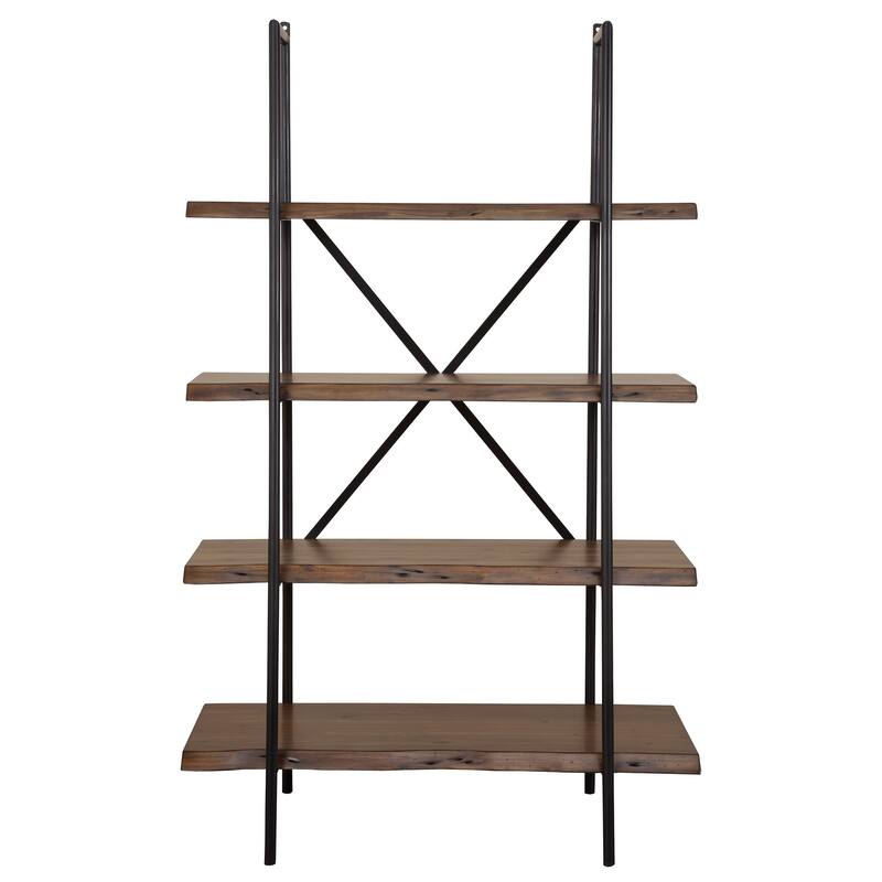 HomeRoots 79" Black And Brown Metal and Solid Wood Four Tier Step Bookcase