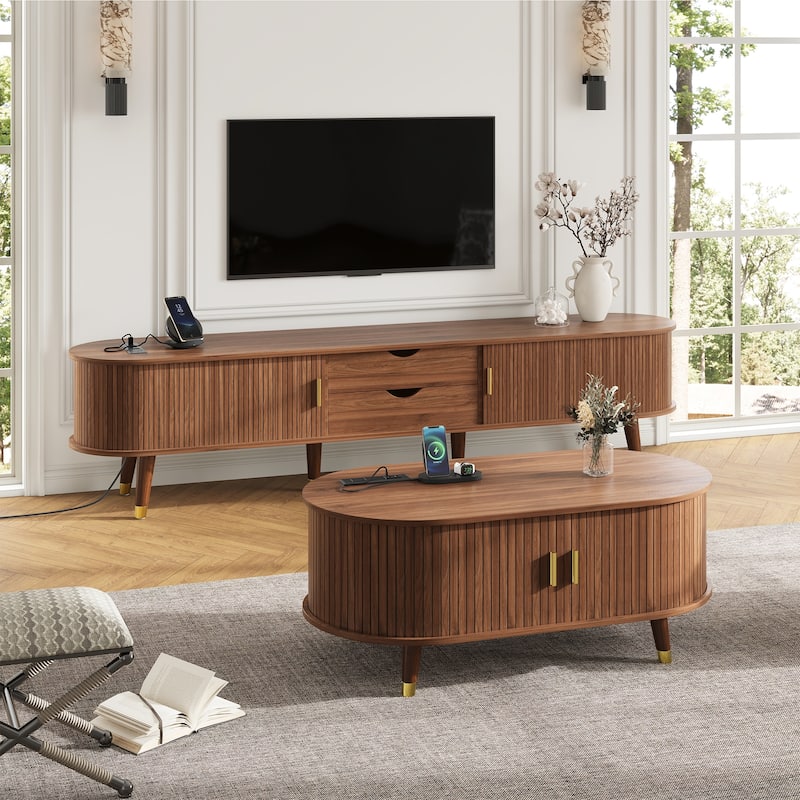 Sliding Doors TV Stand & Coffee Table Set, Mid-Century Fluted TV Cabinet with Charging Station for TVs up to 80" - Walnut
