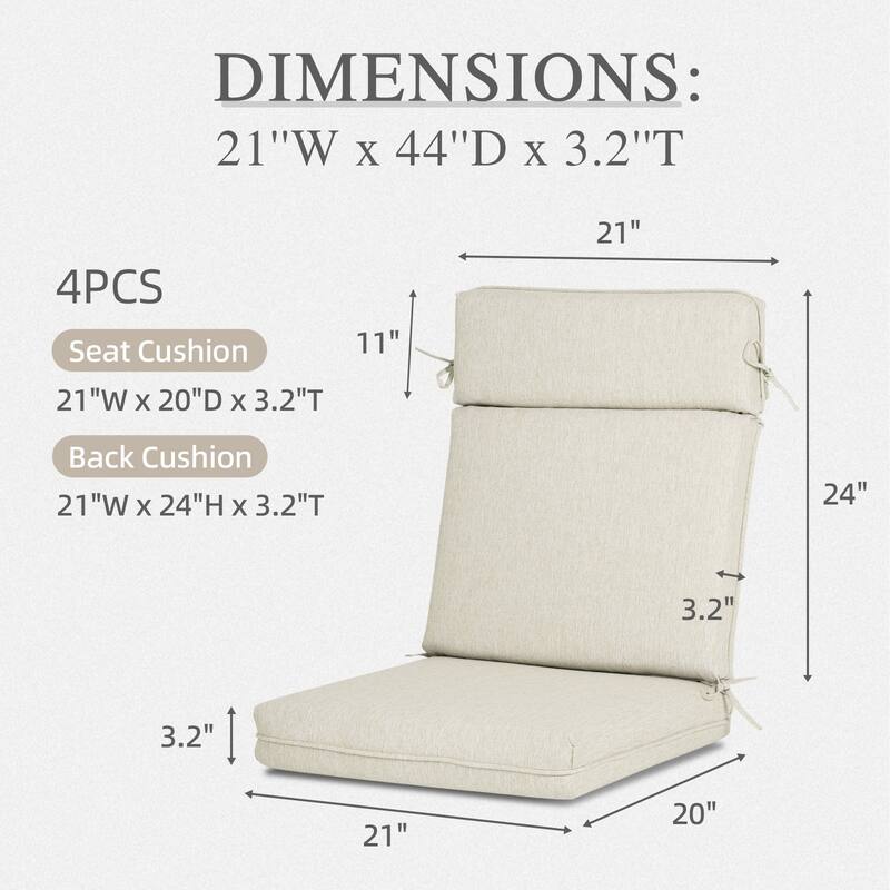 Aoodor Outdoor High Back Dining Chair Cushion Set, 44"x21"x3.2", Set of 4 - 44"x21"x3.2"