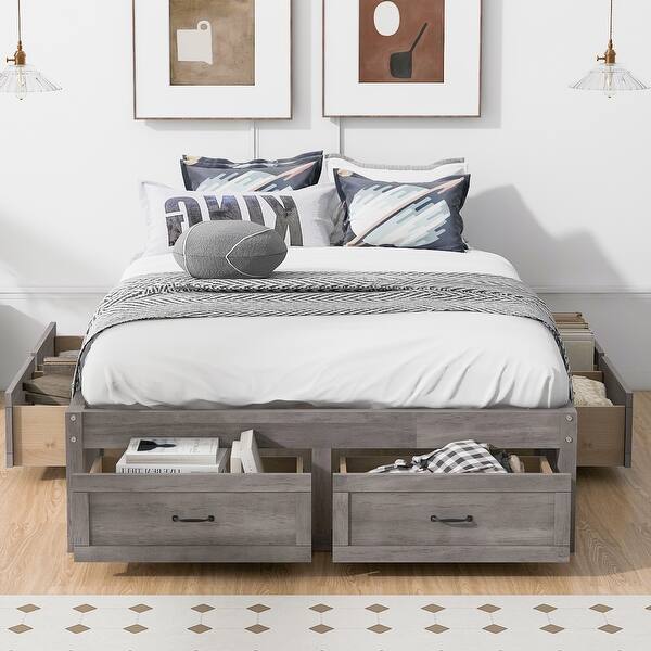 slide 2 of 27, Full Size Without Headboard Platform Bed with 6 Storage Drawers Antique Gray