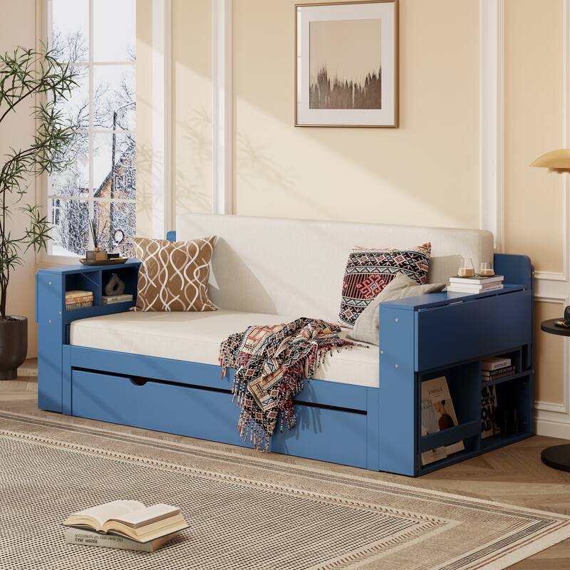 4-in-1 Multifunctional Daybed Storage Bed Frame with Removable Desk, Drawers, Bookcase Shelves and Hydraulic Side Tables