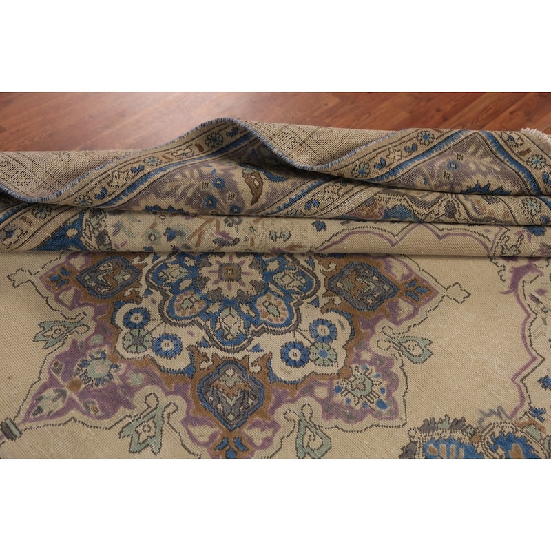 Geometric Tabriz Persian Area Rug Handmade Beige Wool Carpet - 7'8"x 11'3"