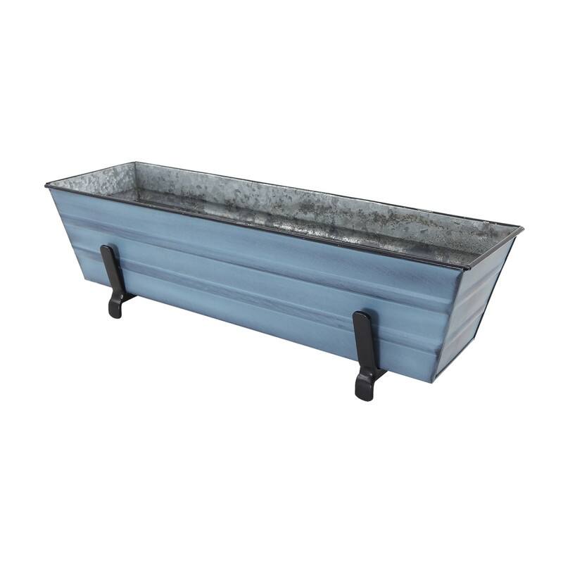 Achla Designs Small Galvanized Steel Flower Box Planter With Brackets for 2 x 6 Railings, 22 Inch Wide - Blue