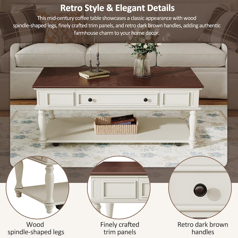 Coffee Table with Lockable Wheels & Solid Wood Legs, Wood Rectangular Cocktail Table, Center Table with Drawer & Lower Shelf