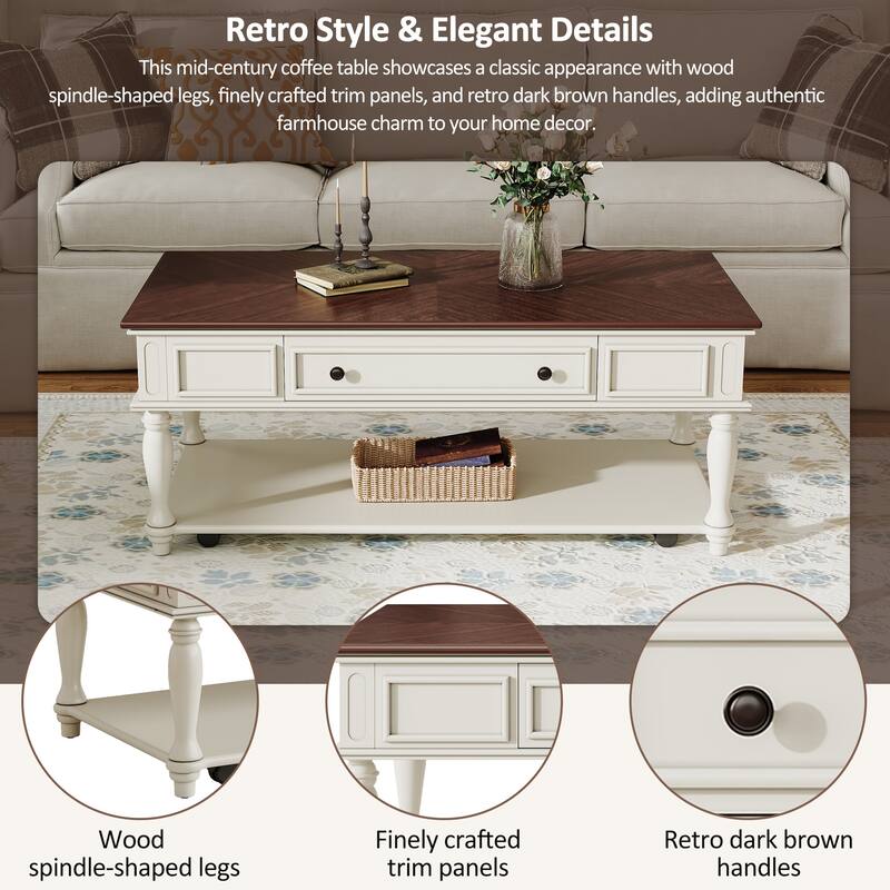 Roomfitters Farmhouse Coffee Table, Retro Wooden Center Table with Drawer, Wheels, and Solid Wood Legs