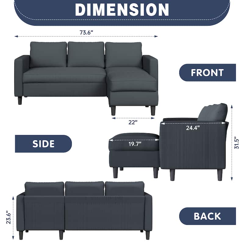 Futzca 74" Convertible Sectional Sofa Couch, Small L-Shaped Sofa