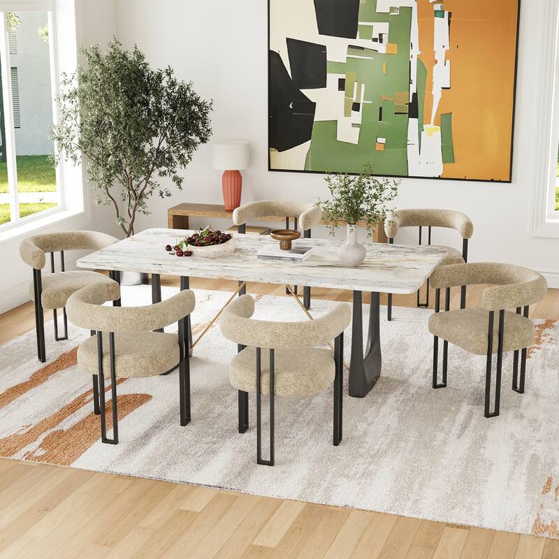 Set of 2 Upholstered Dining Arm Chairs, Bouclé Fabric Accent Chairs with Metal Frame, with Cushioned Seat & Back