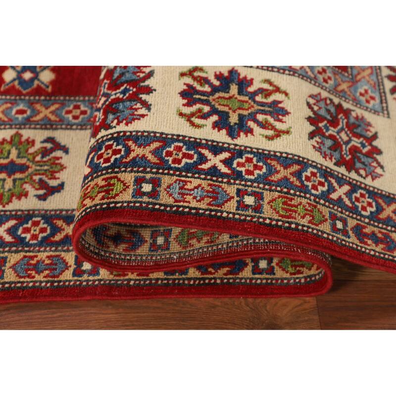 Geometric Kazak Area Rug Hand-Knotted Oriental Red Wool Carpet - 6'6" x 9'11"