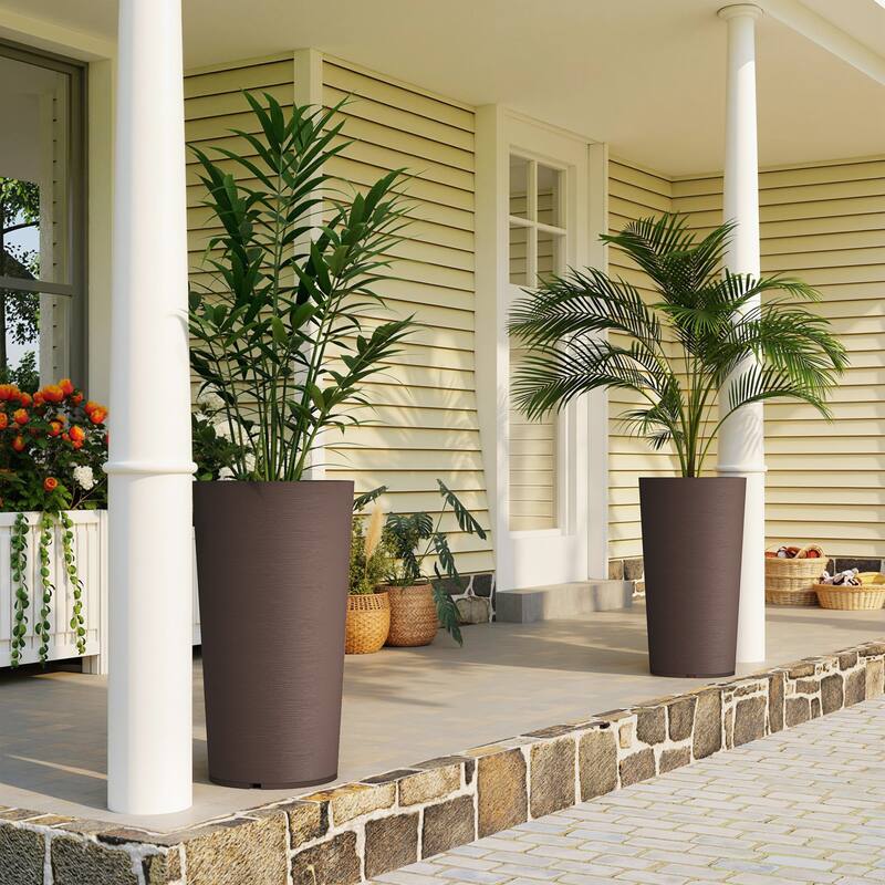 Outsunny 29 Inch Tall Planters for Outdoor Plants, Set of 2 Plastic Flower Pots with DIY Drainage Holes - Brown