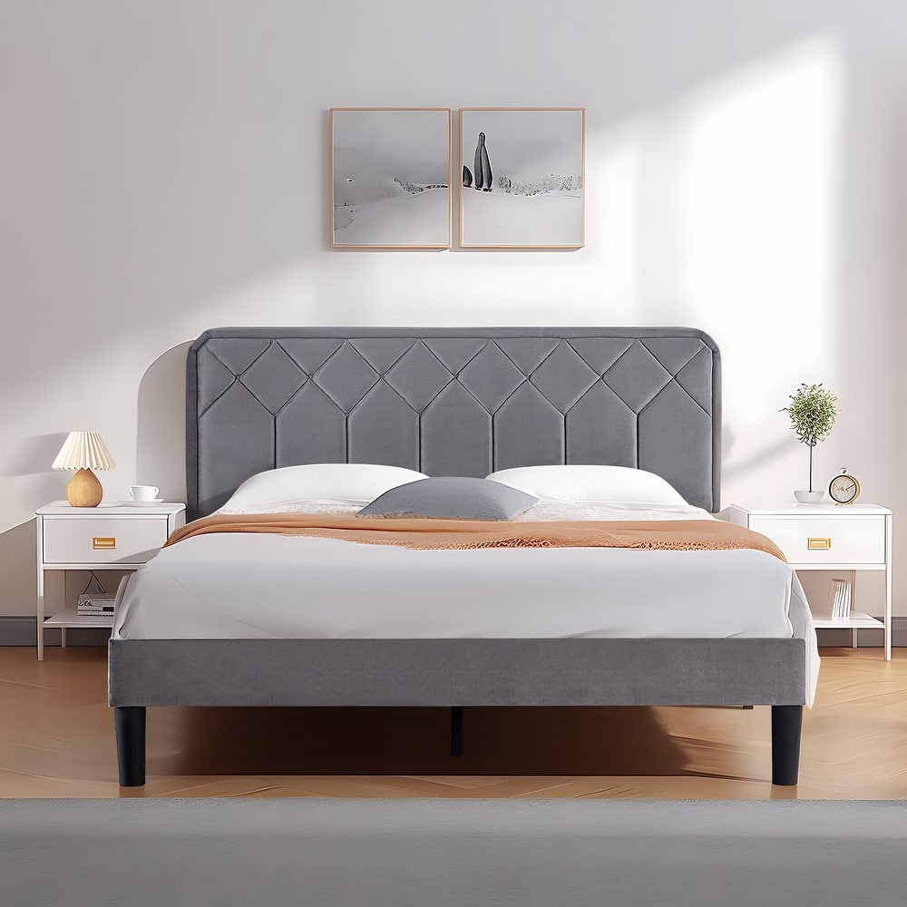 VECELO Adjustable Height Velvet Headboard Grey Bed Frame with Diamond Tufted Twin/Full/Queen Sizes Frame with Center Support Leg