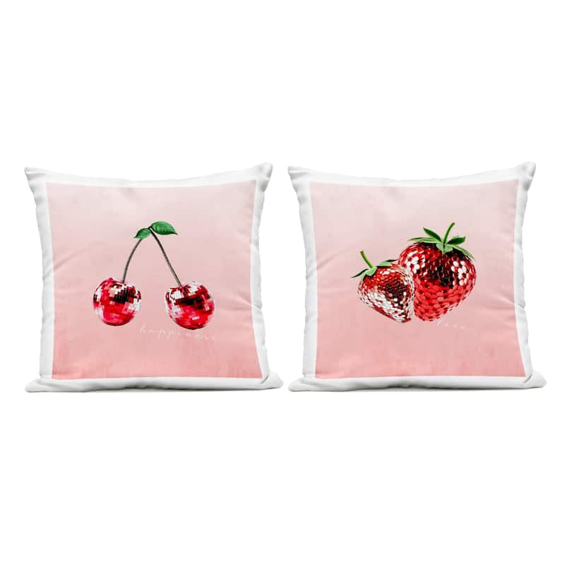Stupell Happiness & Love Disco Fruits Printed Outdoor Throw Pillow Design by Kim Allen (Set of 2) - Pillow Sets - Polyester - Red - Set of 2