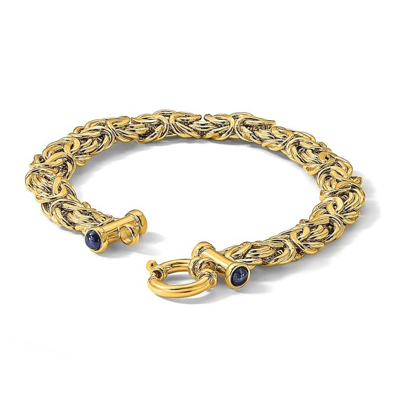 Curata Solid 18k Yellow Gold Italian 7.5" or 8" 9.5mm Byzantine Bracelet with Genuine Sapphire Endcaps