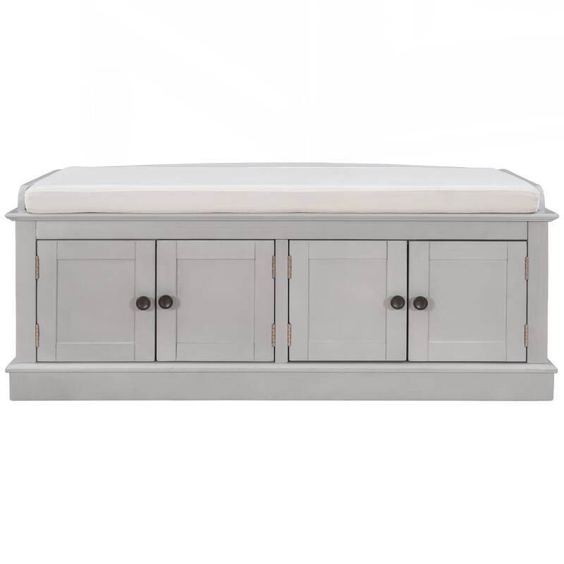 Storage Bench with 4 Doors and Adjustable Shelves, Shoe Bench with Removable Cushion for Living Room, Entryway