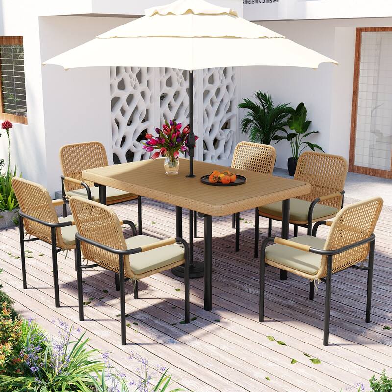 7 Pieces Patio Dining Set, Outdoor Wicker Furniture Set wPlastic-Wood Table Top Rectangular Dining Table & Umbrella Hole