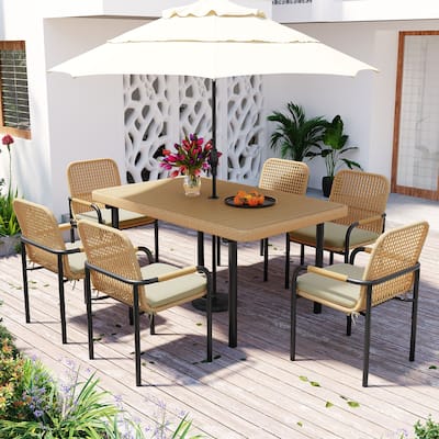 7 Pieces Patio Dining Table Set, Outdoor Wicker Furniture Set, Plastic Wood Table Top with Umbrella Hole for Backyard, Garden