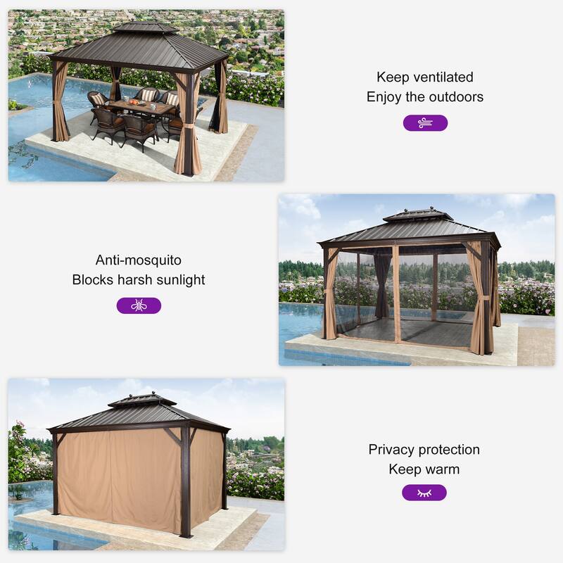PURPLE LEAF Outdoor Gazebo Aluminum Frame Galvanized Steel Hardtop Gazebo with Bulbs