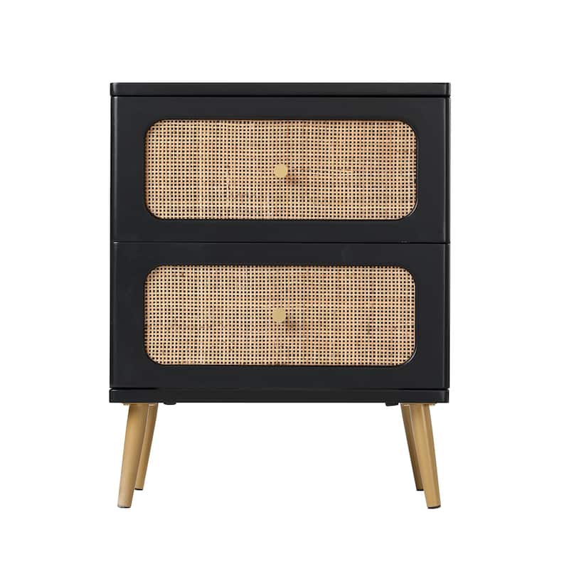 COZAYH Farmhouse Wicker Rattan Nightstand, Boho Mid-Century Coastal Wooden Bedside Table, Wooden Storage Cabinet