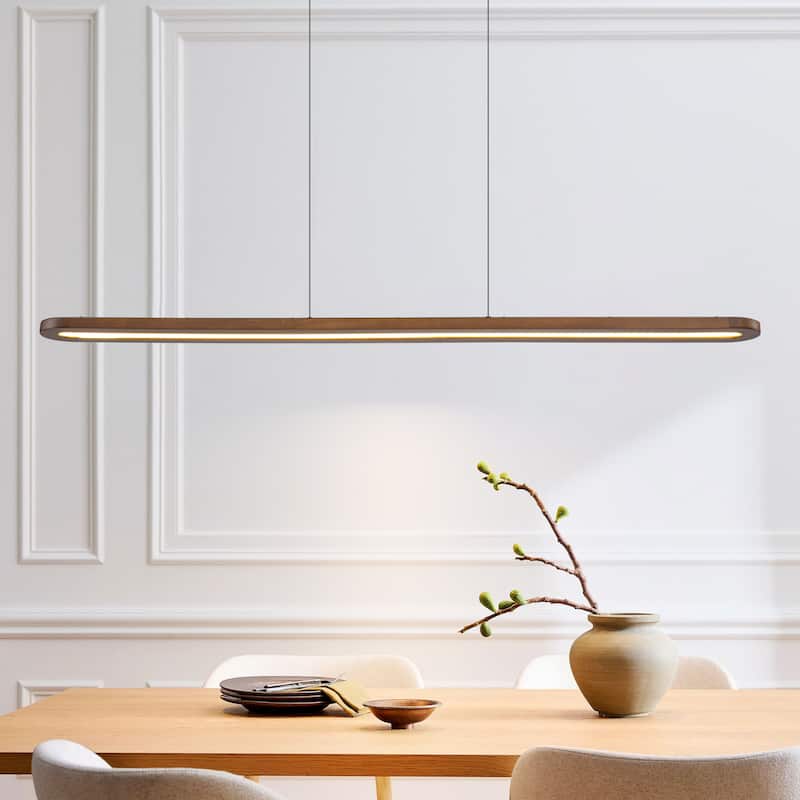 47.2 in. 1-Light Modern Farmhouse Walnut Wood Linear Dimmable Integrated LED Hanging Island Light for Dining Room