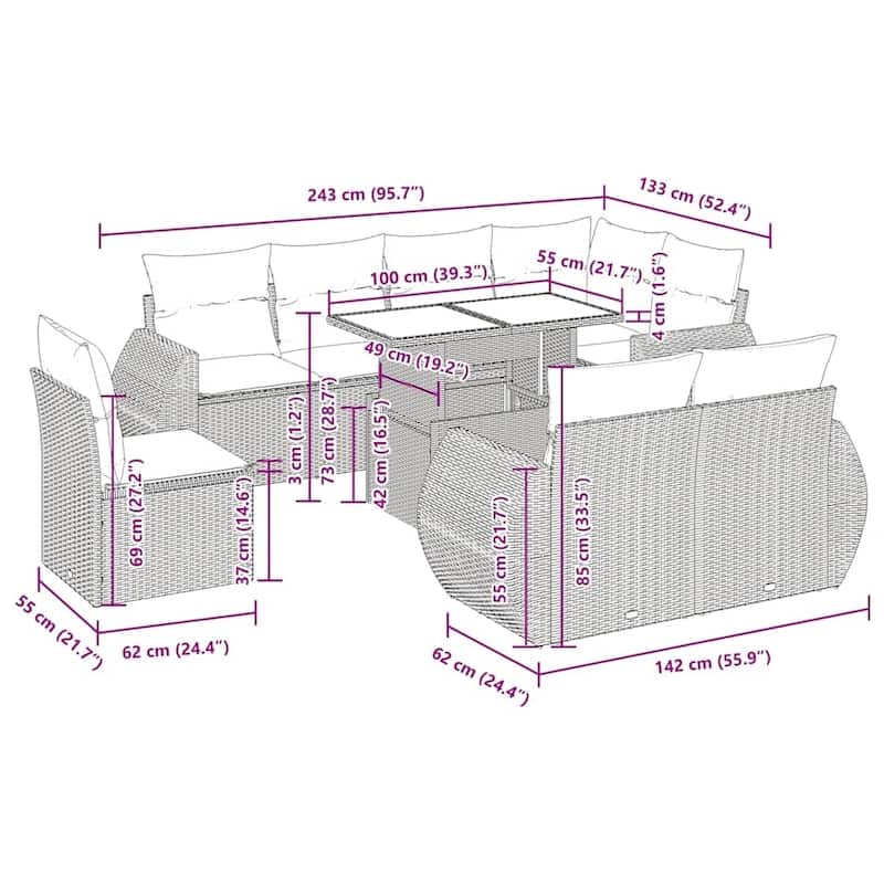 vidaXL Patio Sofa Set with Cushions and Table Outdoor 9 Piece Poly Rattan