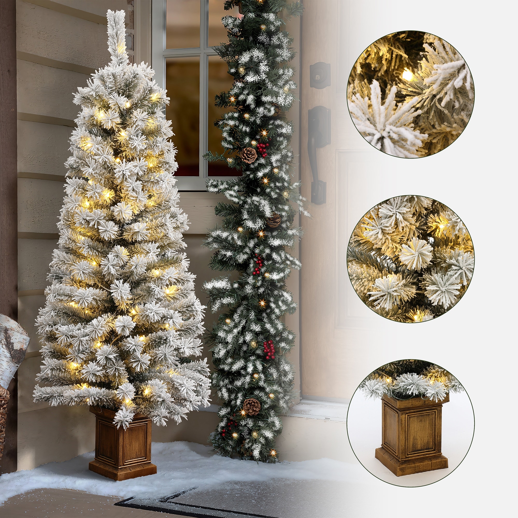 5Ft Pre-Lit Artificial Flocked Fir Christmas Tree in Square Planter Pot - 60" H x 19.2" Diameter