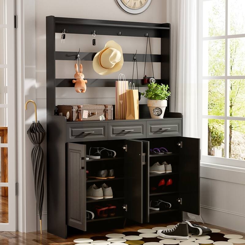 Four-Door Shoe Cabinet with Coat Rack