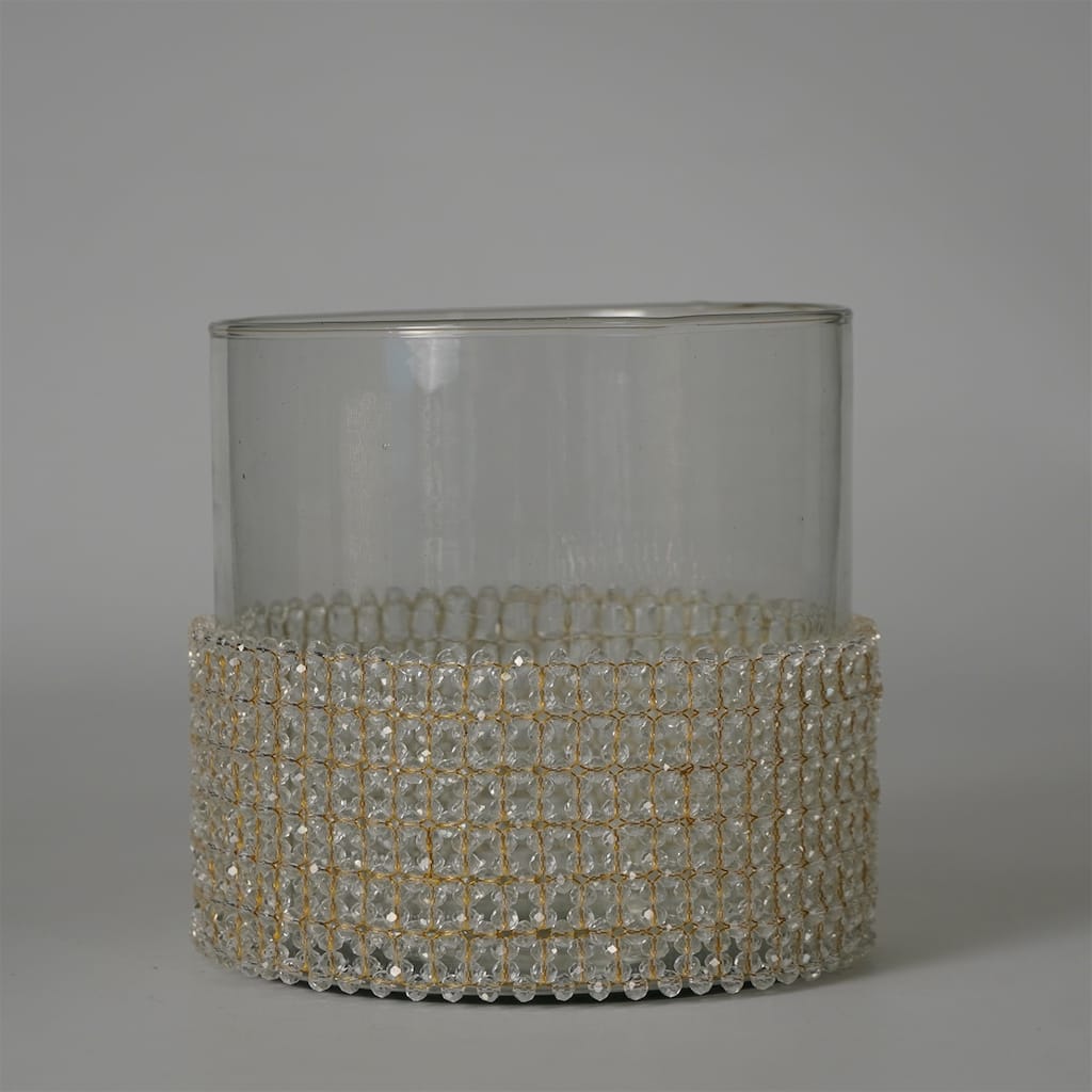 Beaded Glass Votive Candle Holder - 6" - Clear and Gold