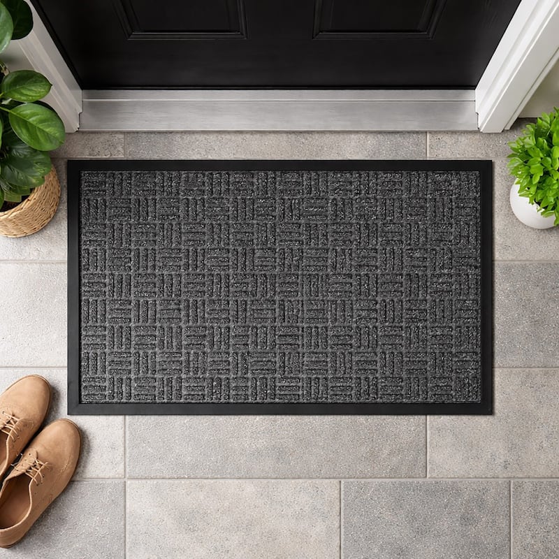 Outdoor Front Door Mat Checkerboard Yvan Polypropylene Rubber Rug Grey - 30 L x 18 W x 1/4 H