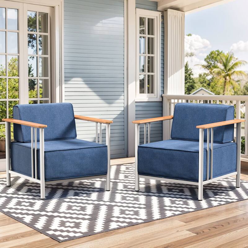 Outdoor Patio Funiture Set with Extra-Thick Seat cushion - White & BLue Cushion - 2PCS Patio Chairs